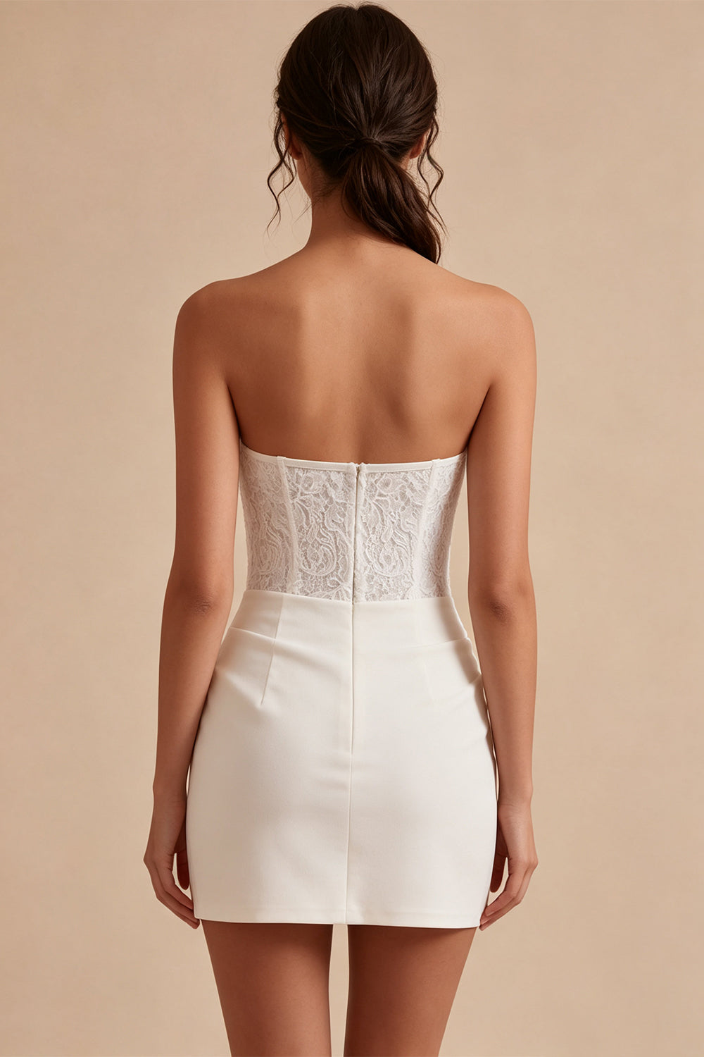 White Lace Strapless Ruched Tight Short Corset Graduation Dress