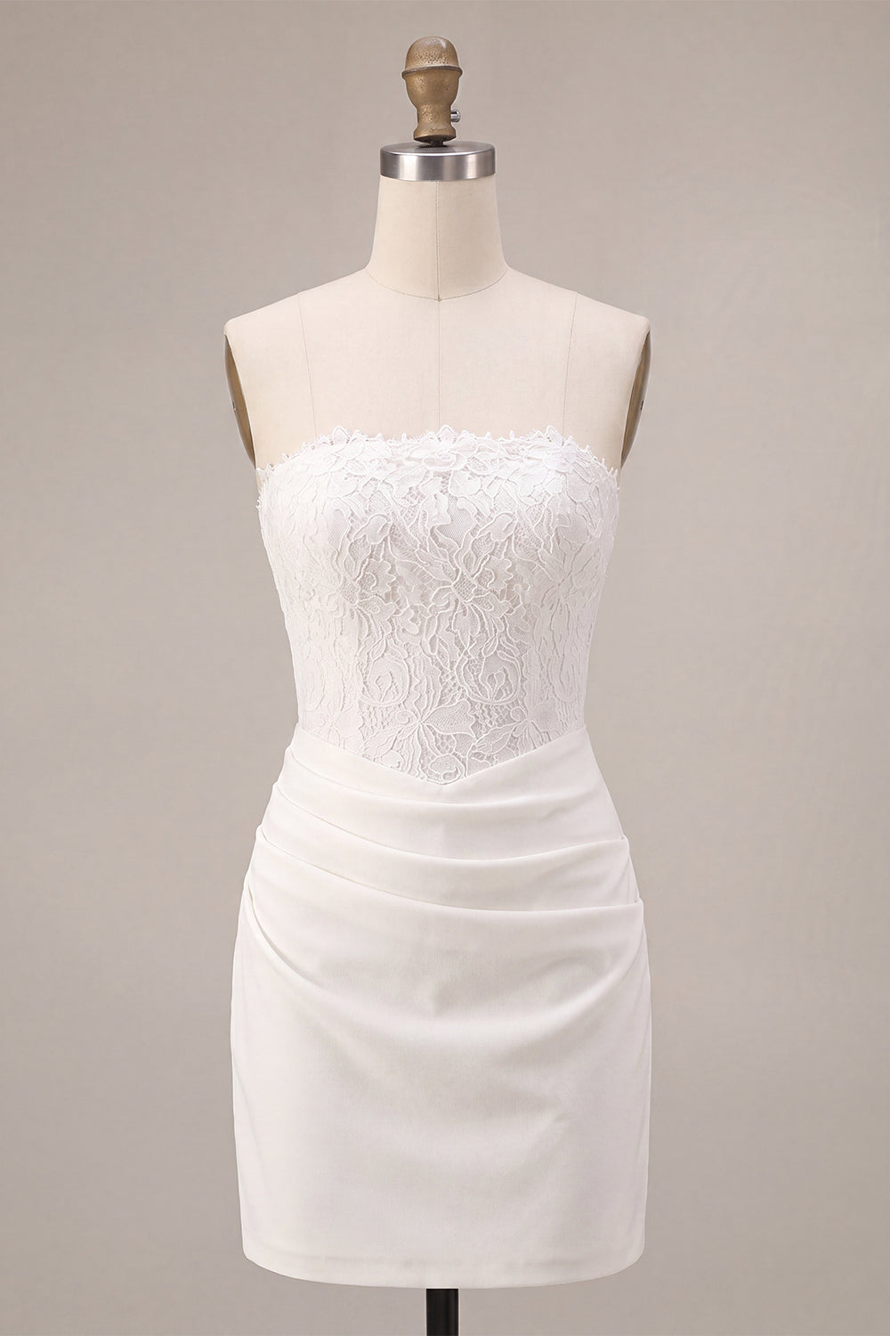 White Lace Strapless Ruched Tight Short Corset Graduation Dress