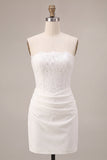 White Lace Strapless Ruched Tight Short Corset Graduation Dress