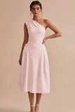 White A-Line One Shoulder Midi Engagement Dress with Bow