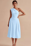 White A-Line One Shoulder Midi Engagement Dress with Bow