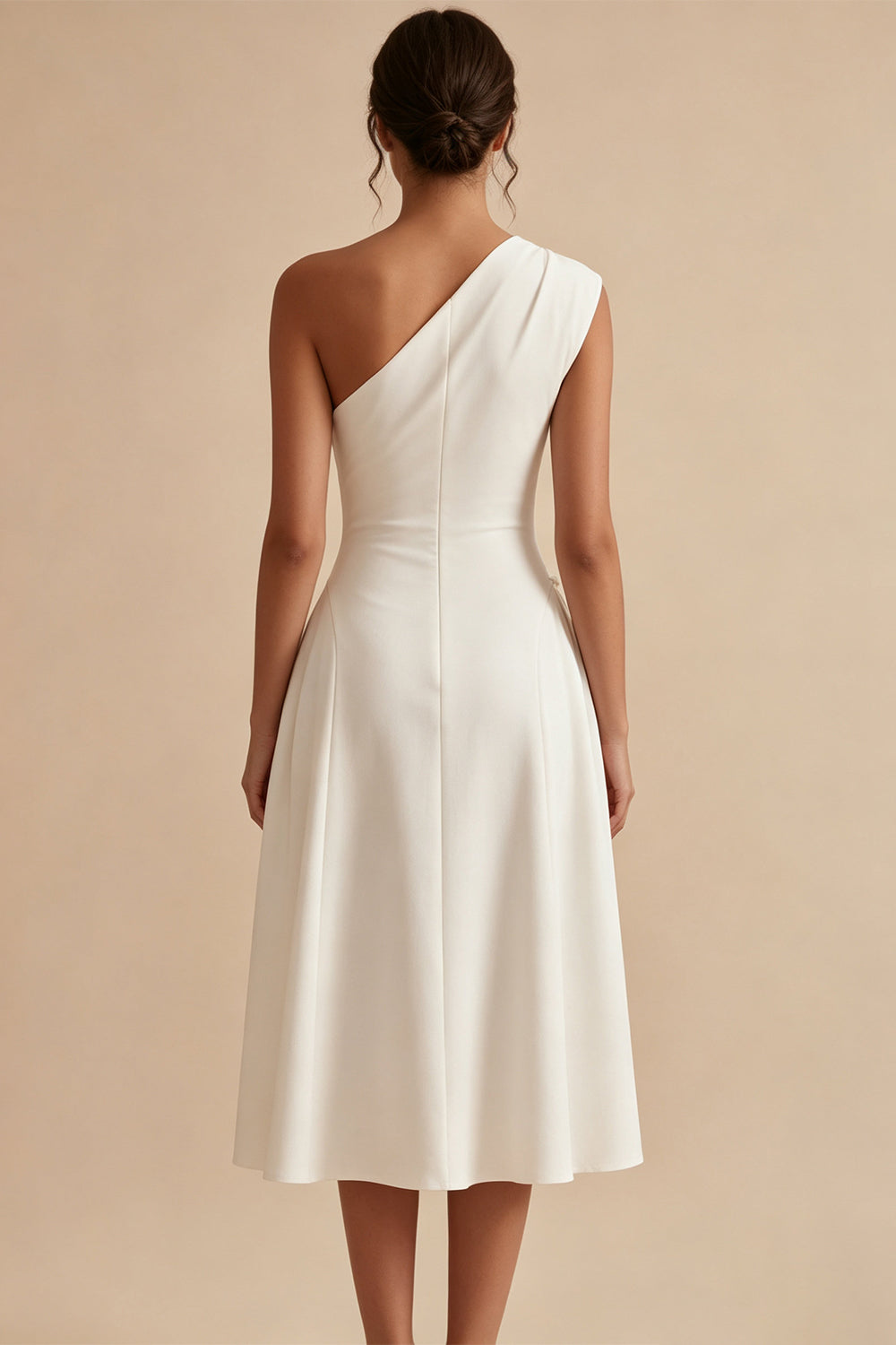 White A-Line One Shoulder Midi Engagement Dress with Bow