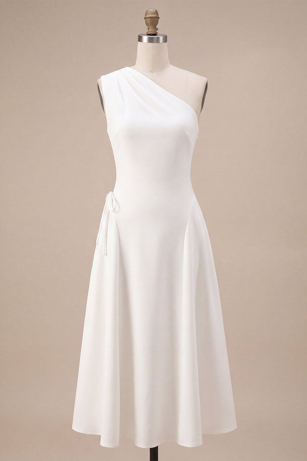 White A-Line One Shoulder Midi Engagement Dress with Bow