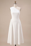 White A-Line One Shoulder Midi Engagement Dress with Bow
