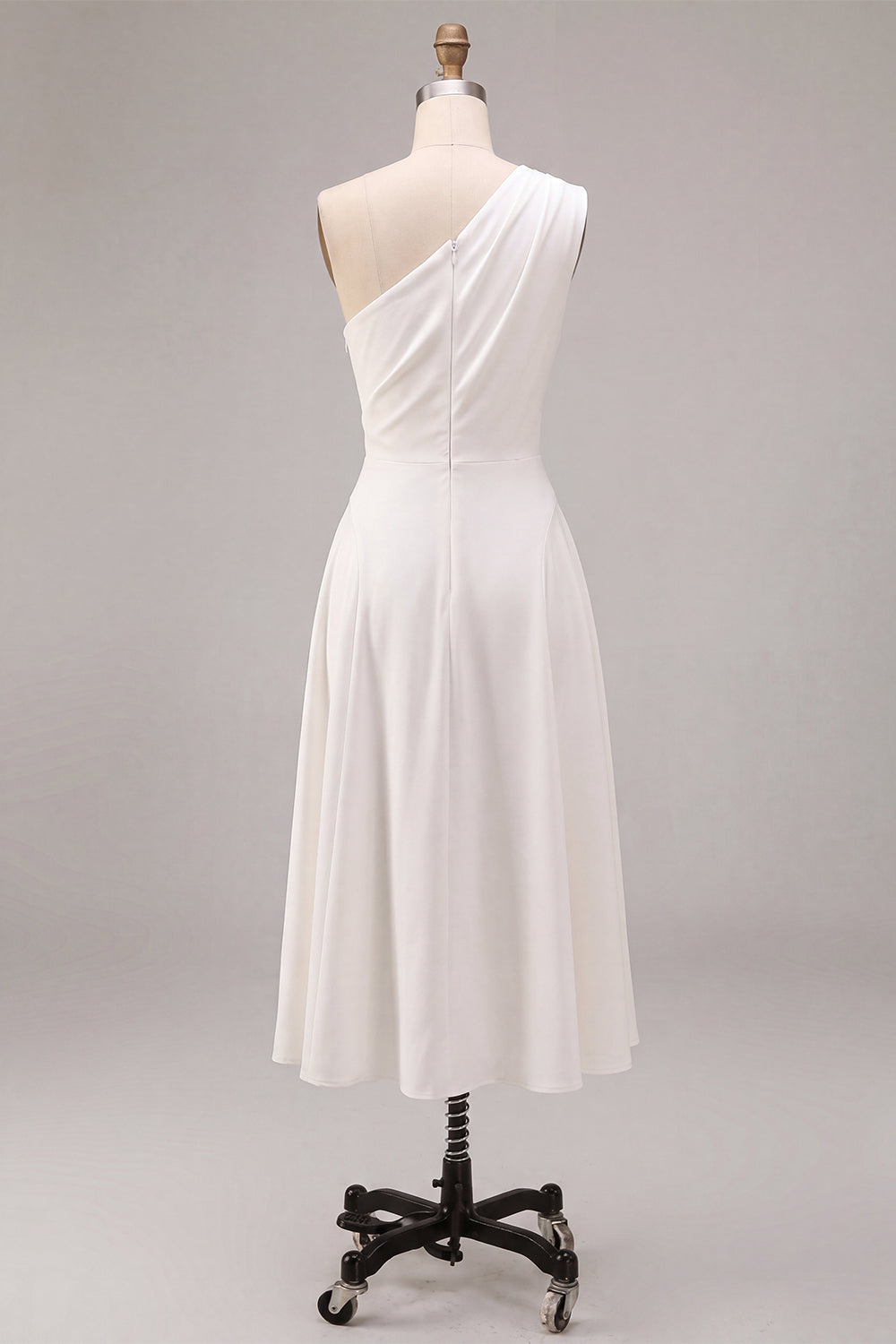 White A-Line One Shoulder Midi Engagement Dress with Bow
