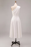 White A-Line One Shoulder Midi Engagement Dress with Bow