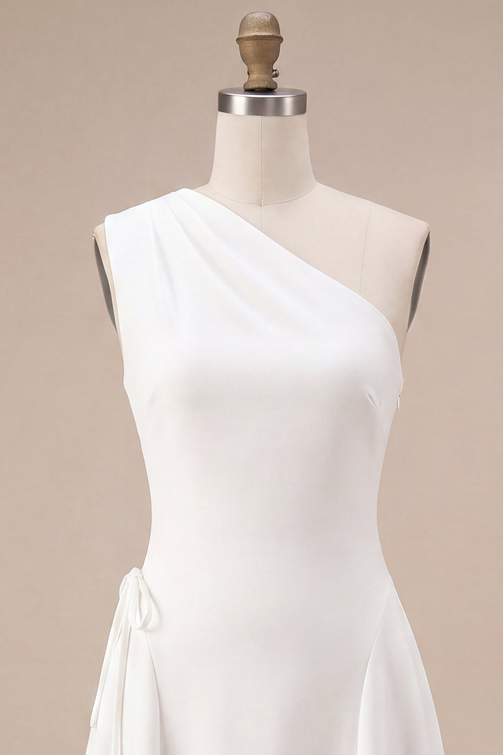 White A-Line One Shoulder Midi Engagement Dress with Bow