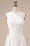 White A-Line One Shoulder Midi Engagement Dress with Bow