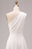 White A-Line One Shoulder Midi Engagement Dress with Bow