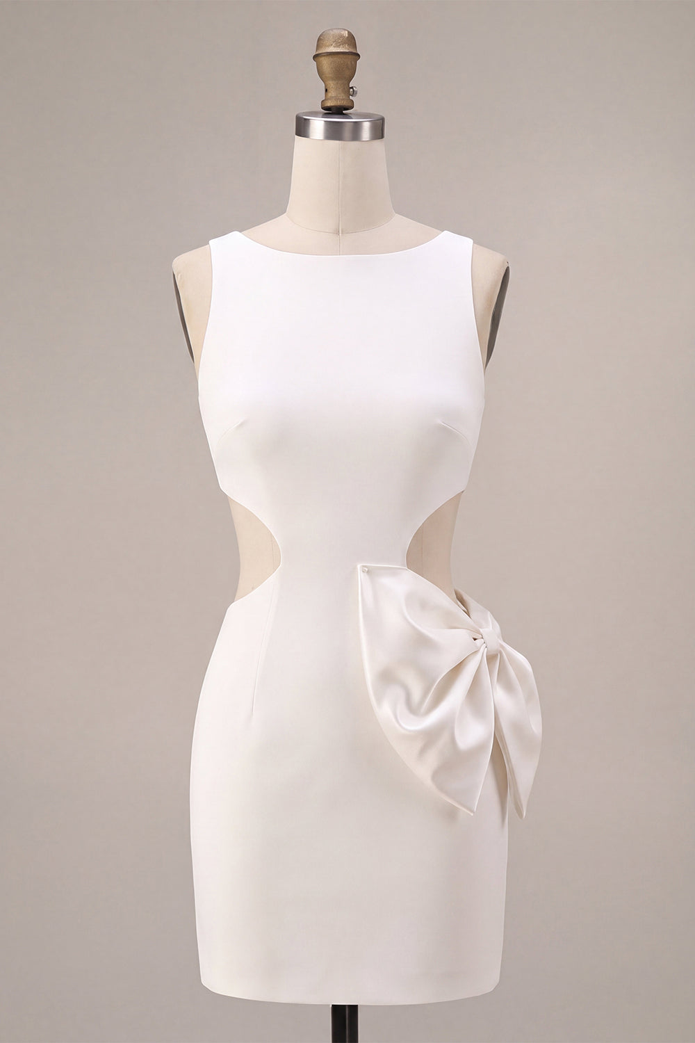 White Cut Out Tight Round Neck Short Graduation Dress with Bow