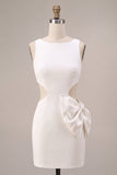 White Cut Out Tight Round Neck Short Graduation Dress with Bow