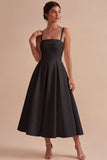 White Satin A-Line Square Neck Ruched Midi Engagement Dress
