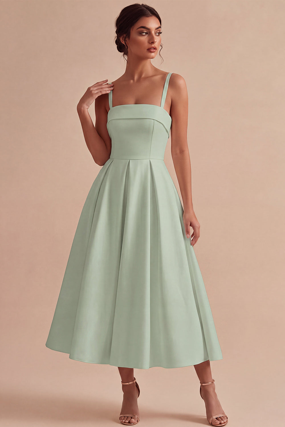 White Satin A-Line Square Neck Ruched Midi Engagement Dress