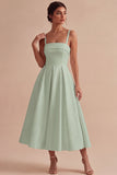 White Satin A-Line Square Neck Ruched Midi Engagement Dress