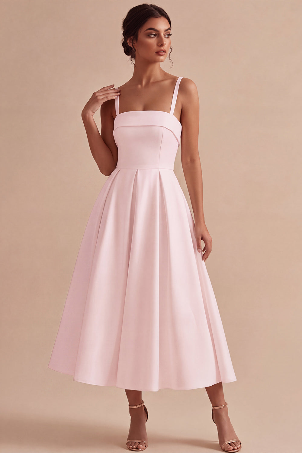 White Satin A-Line Square Neck Ruched Midi Engagement Dress