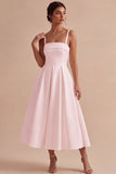 White Satin A-Line Square Neck Ruched Midi Engagement Dress