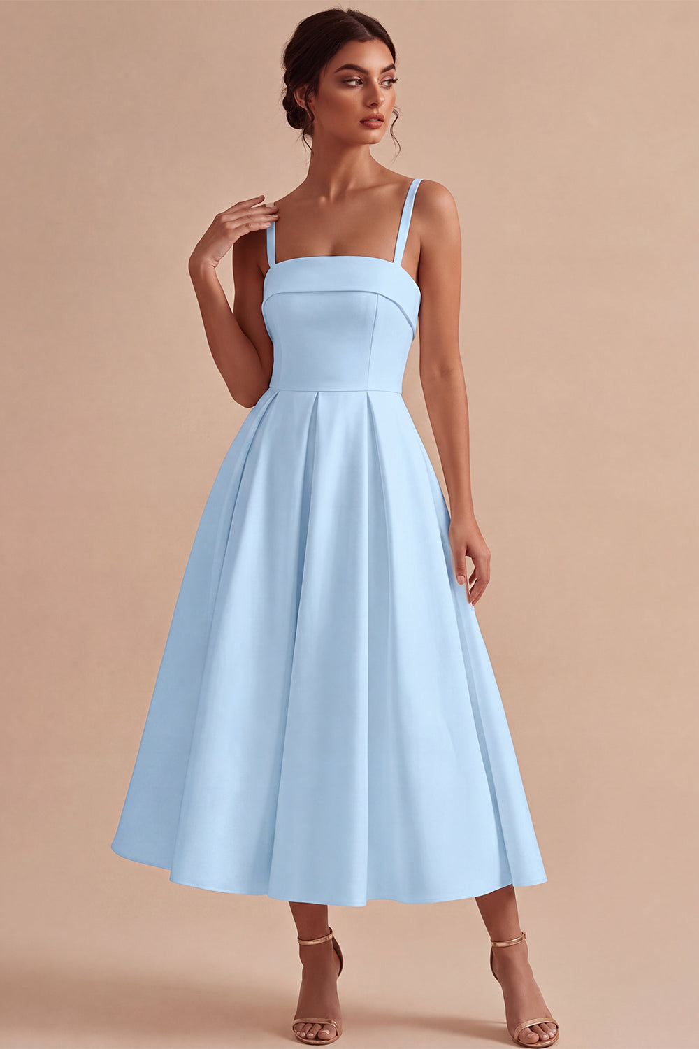 White Satin A-Line Square Neck Ruched Midi Engagement Dress