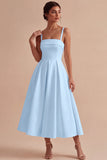 White Satin A-Line Square Neck Ruched Midi Engagement Dress