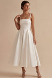 White Satin A-Line Square Neck Ruched Midi Engagement Dress