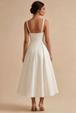 White Satin A-Line Square Neck Ruched Midi Engagement Dress