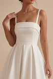 White Satin A-Line Square Neck Ruched Midi Engagement Dress