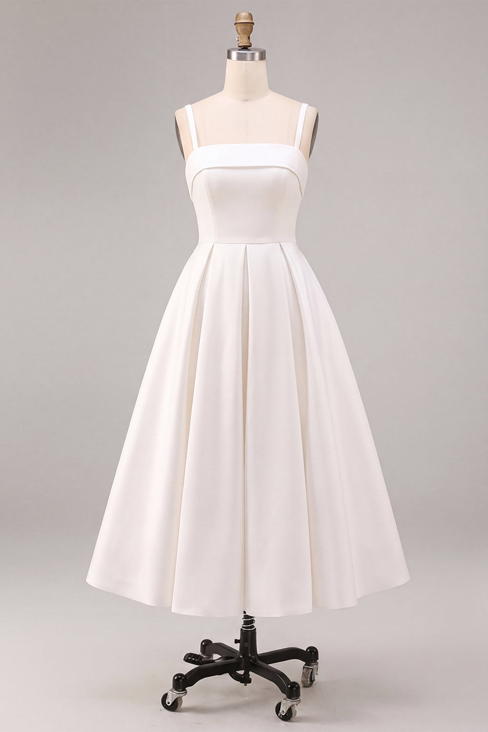 White Satin A-Line Square Neck Ruched Midi Engagement Dress