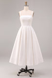 White Satin A-Line Square Neck Ruched Midi Engagement Dress