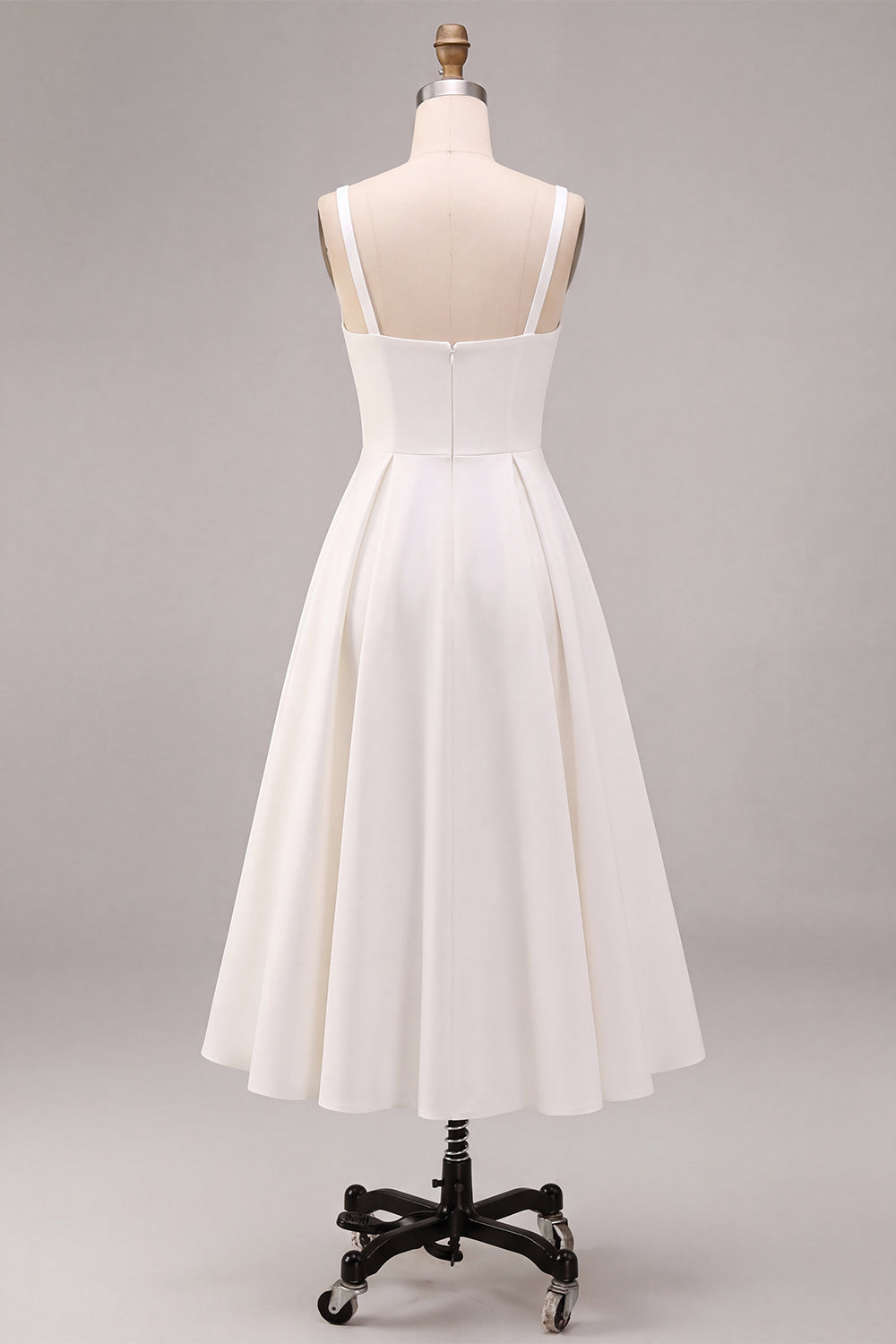 White Satin A-Line Square Neck Ruched Midi Engagement Dress