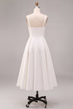 White Satin A-Line Square Neck Ruched Midi Engagement Dress