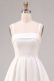 White Satin A-Line Square Neck Ruched Midi Engagement Dress