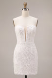 White Lace Floral Tight Sweetheart Short Corset Graduation Dress