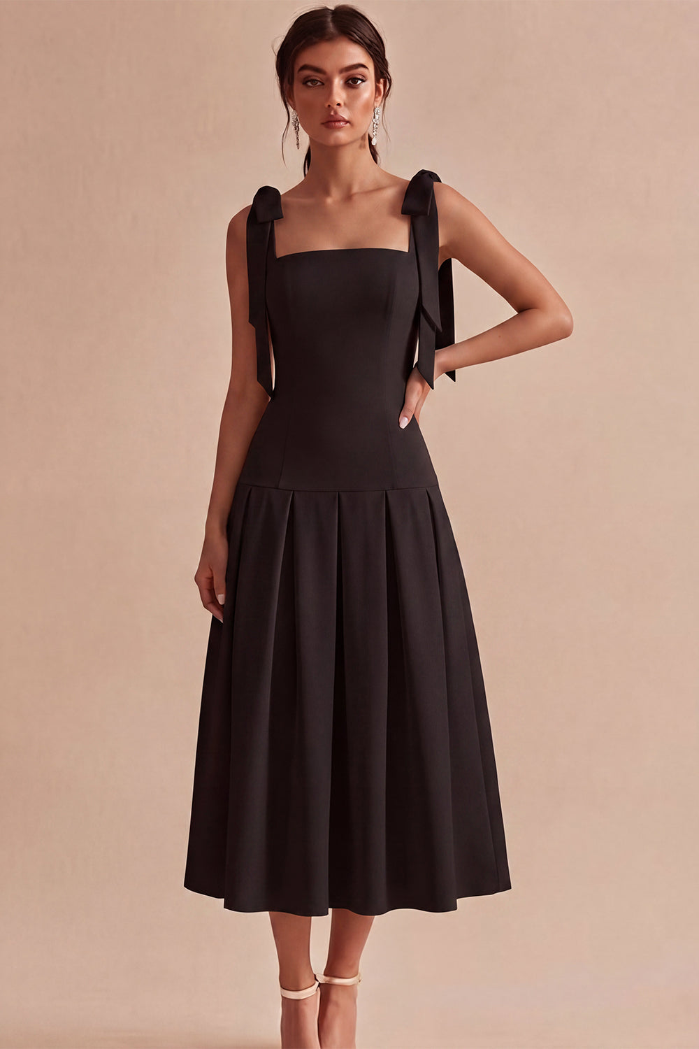 White A-Line Square Neck Ruched Midi Engagement Dress with Bows