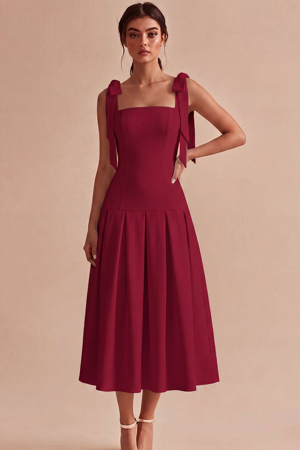 White A-Line Square Neck Ruched Midi Engagement Dress with Bows