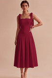 White A-Line Square Neck Ruched Midi Engagement Dress with Bows