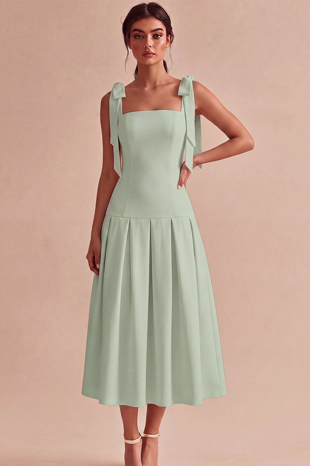 White A-Line Square Neck Ruched Midi Engagement Dress with Bows