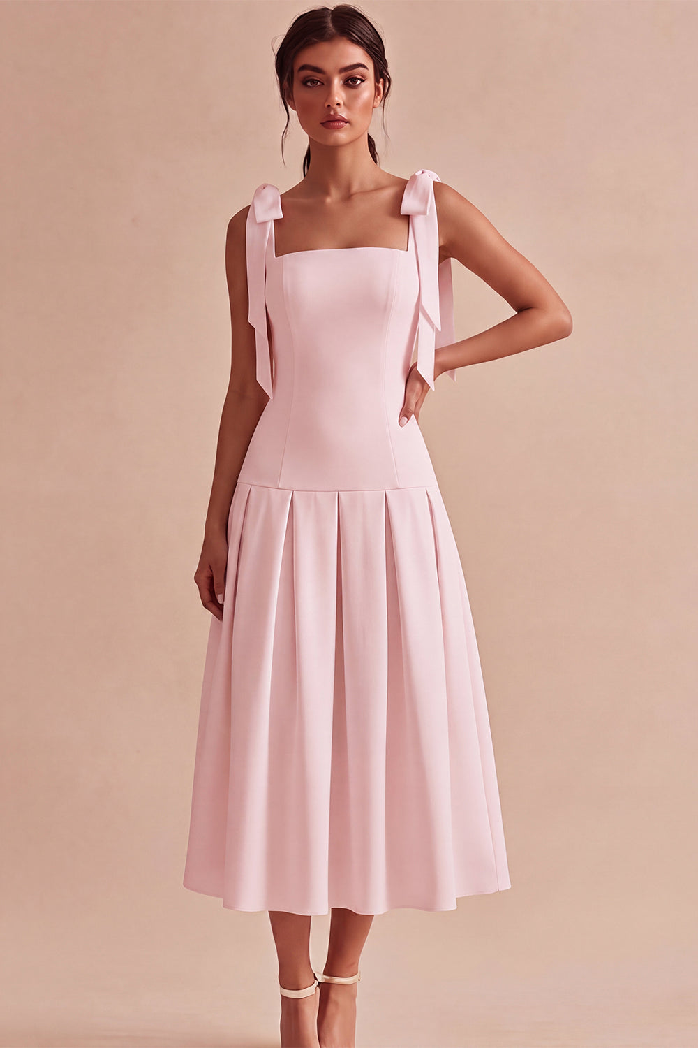 White A-Line Square Neck Ruched Midi Engagement Dress with Bows