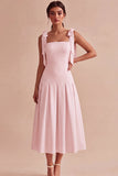 White A-Line Square Neck Ruched Midi Engagement Dress with Bows
