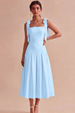 White A-Line Square Neck Ruched Midi Engagement Dress with Bows