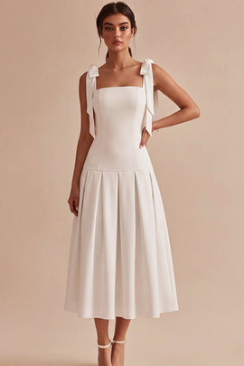 White A-Line Square Neck Ruched Midi Engagement Dress with Bows