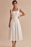 White A-Line Square Neck Ruched Midi Engagement Dress with Bows
