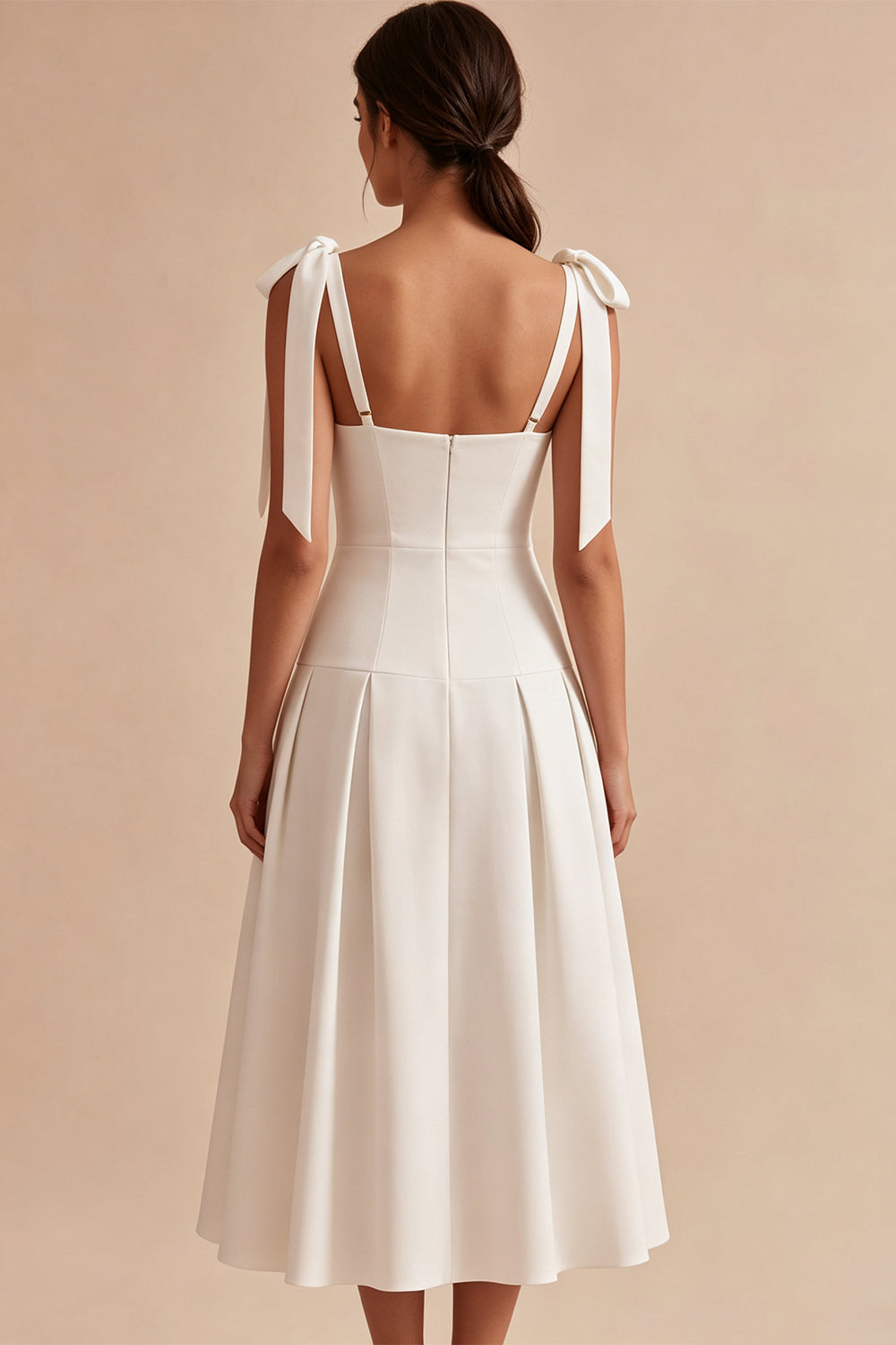White A-Line Square Neck Ruched Midi Engagement Dress with Bows