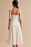 White A-Line Square Neck Ruched Midi Engagement Dress with Bows