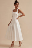 White A-Line Square Neck Ruched Midi Engagement Dress with Bows