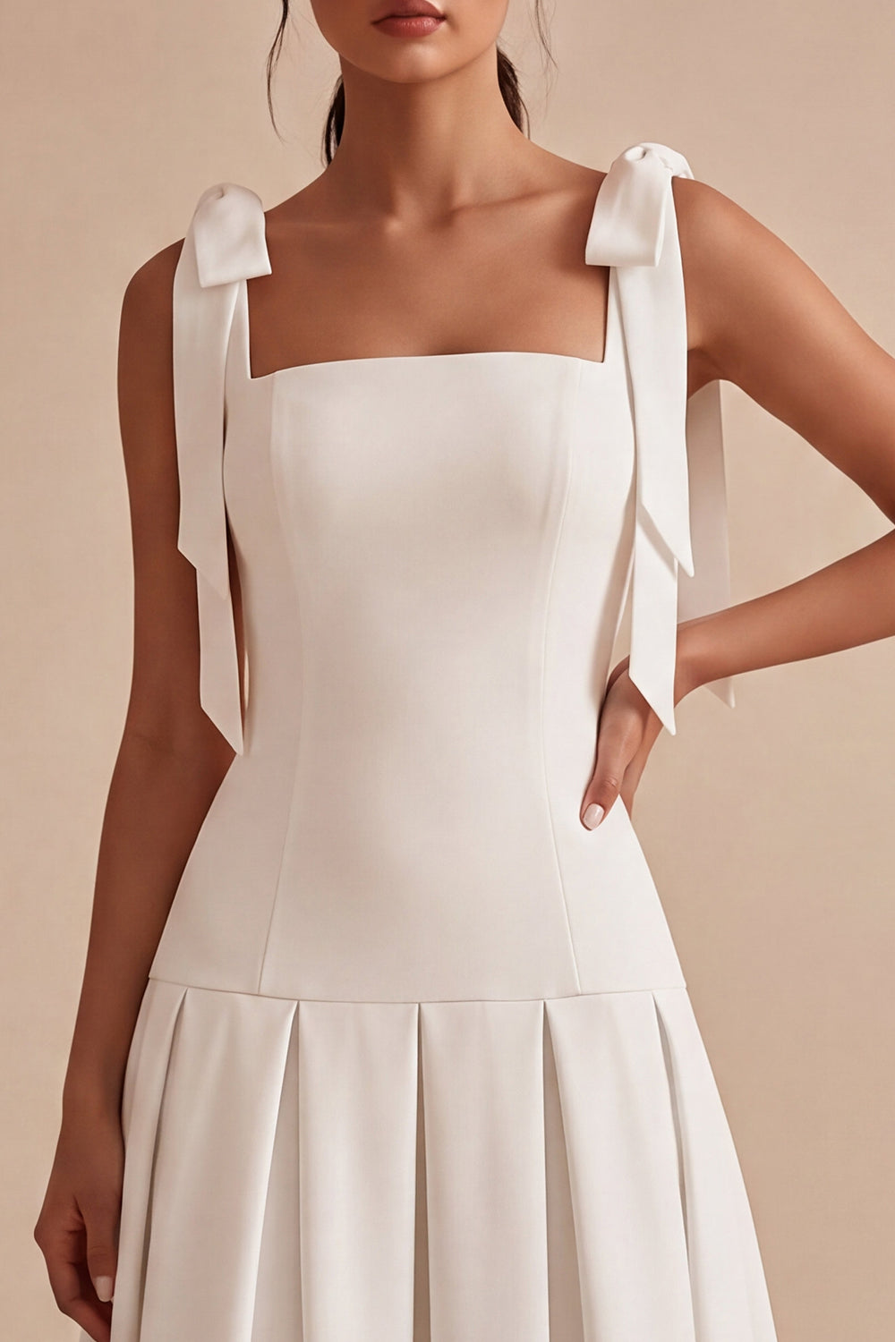 White A-Line Square Neck Ruched Midi Engagement Dress with Bows