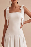 White A-Line Square Neck Ruched Midi Engagement Dress with Bows