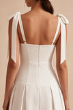 White A-Line Square Neck Ruched Midi Engagement Dress with Bows