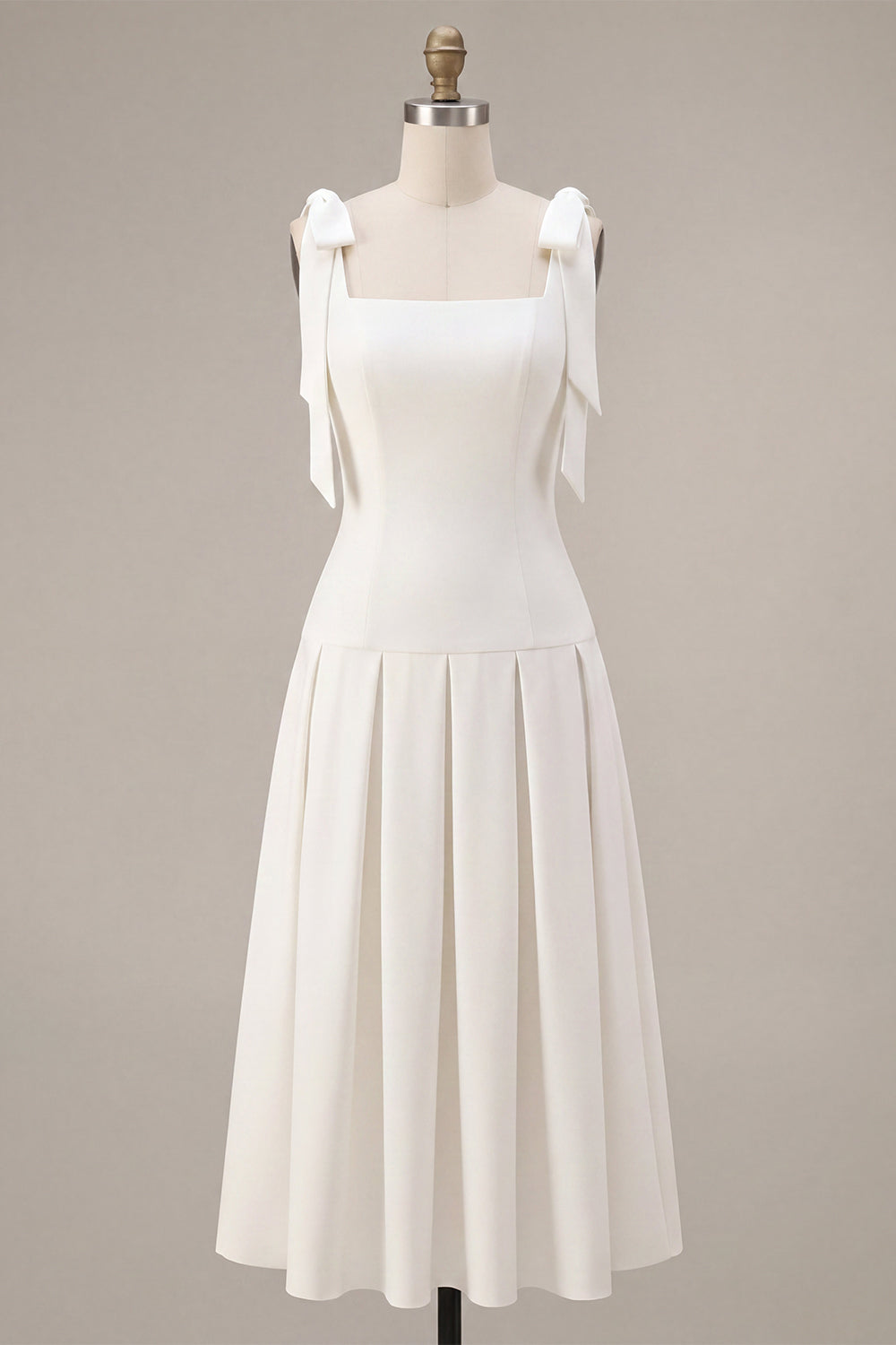 White A-Line Square Neck Ruched Midi Engagement Dress with Bows