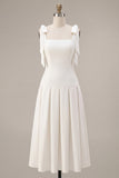 White A-Line Square Neck Ruched Midi Engagement Dress with Bows