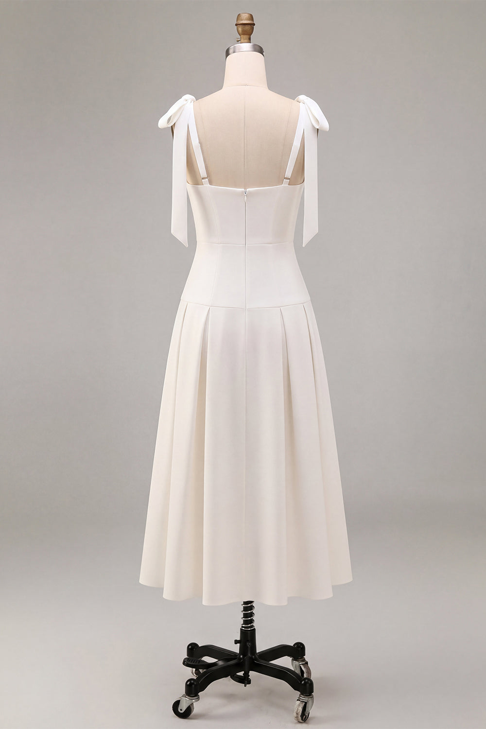 White A-Line Square Neck Ruched Midi Engagement Dress with Bows