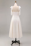 White A-Line Square Neck Ruched Midi Engagement Dress with Bows